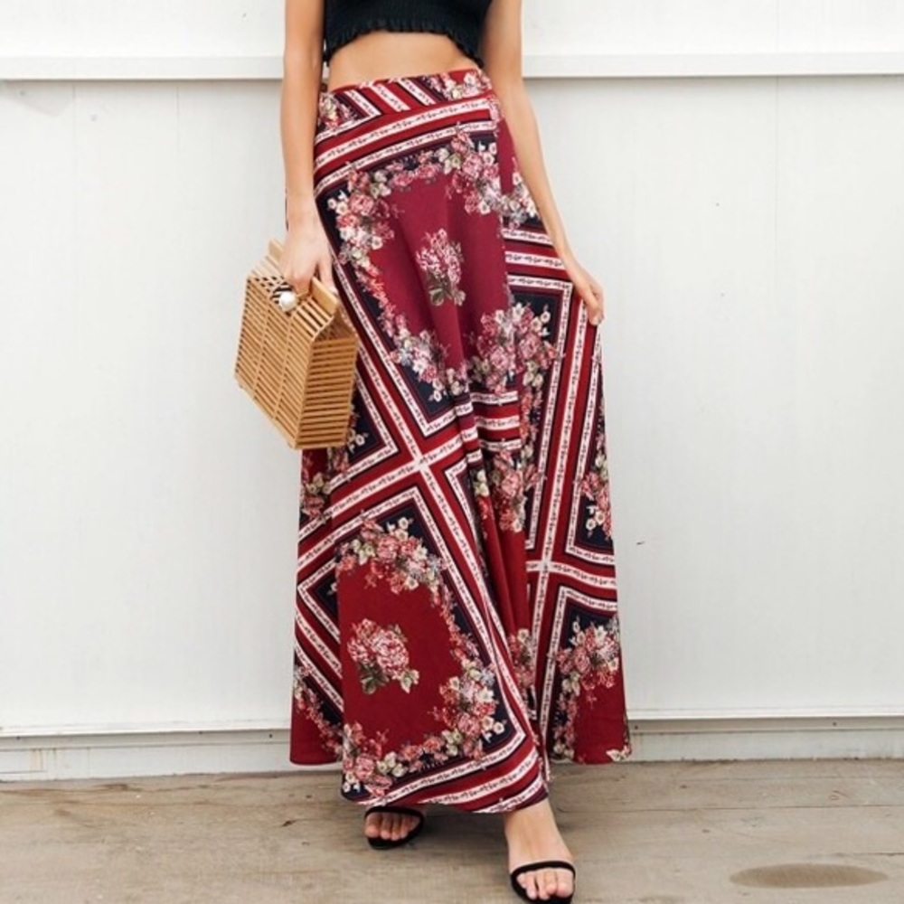 ‘Gabriella’ Red Boho Maxi Skirt